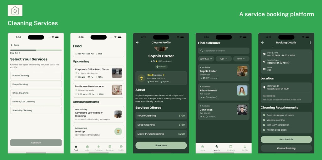 Cleaning Services app screens
