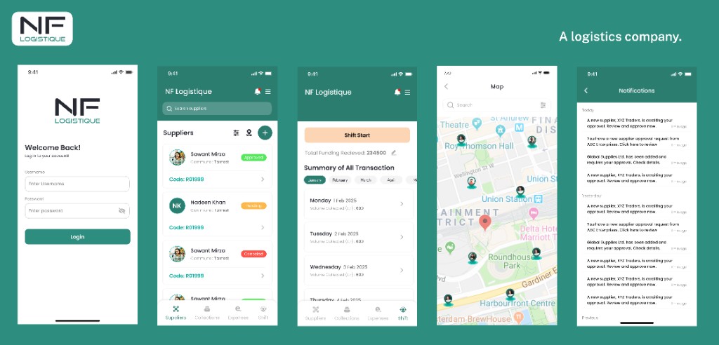 AI powered NF Logistique app screens